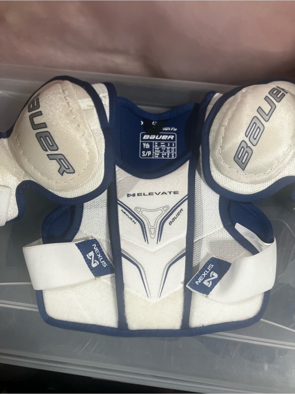 Bauer Youth Shoulder Pads in White and Blue